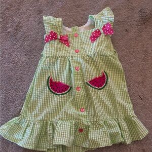 Rare Editions Green Gingham Dress with Pink Watermelon Appliques